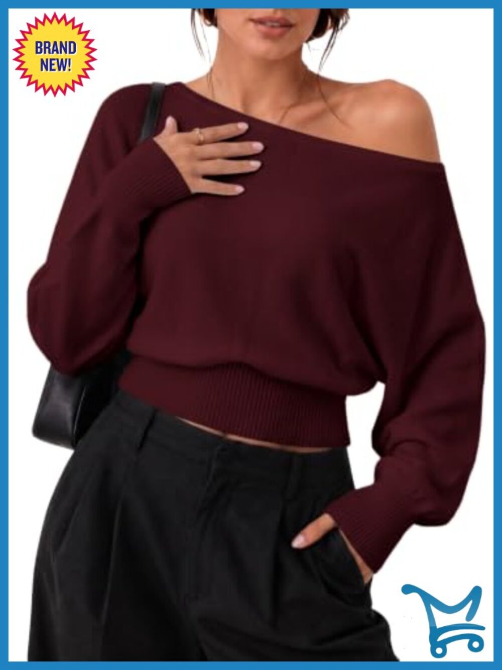 Off Shoulder Sweater Knit Long Sleeve Crop Top Asymmetrical Pullover